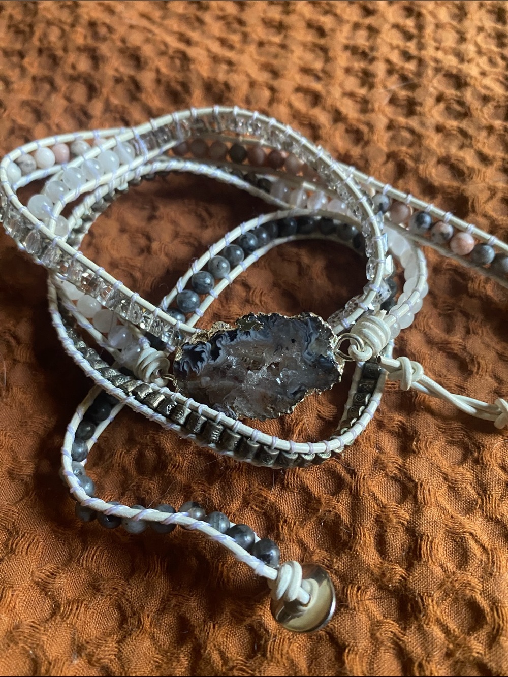 Wrap leather bracelet stones agate white silver NEW